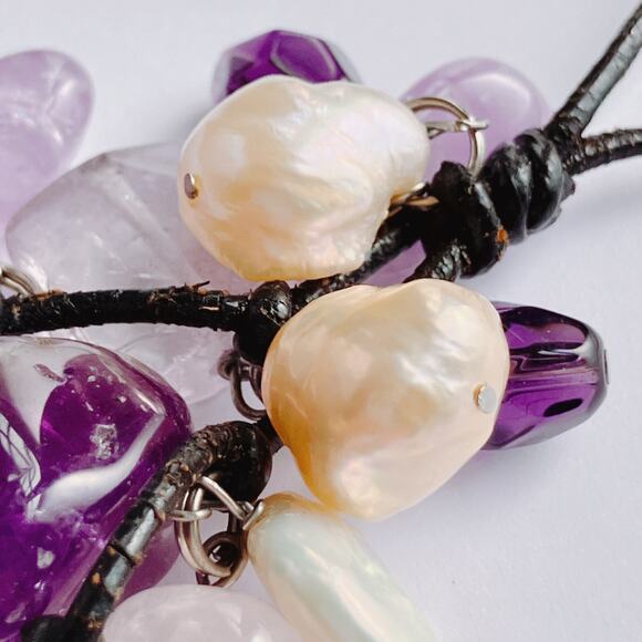 VTG Pendant Necklace 17" Gemstone Amethyst Rose Quartz Freshwater Pearl Cluster - Picture 12 of 14